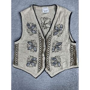 Christoper & Banks Women s Hand Embroidered Button Sweater Vest L Beige Foliage